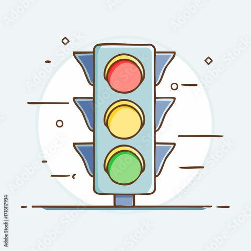 A stylized cartoon illustration of a traffic light with red, yellow, and green signals on a light blue background.