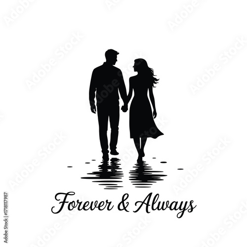 Romantic silhouette of a couple holding hands walking by the water forever and always