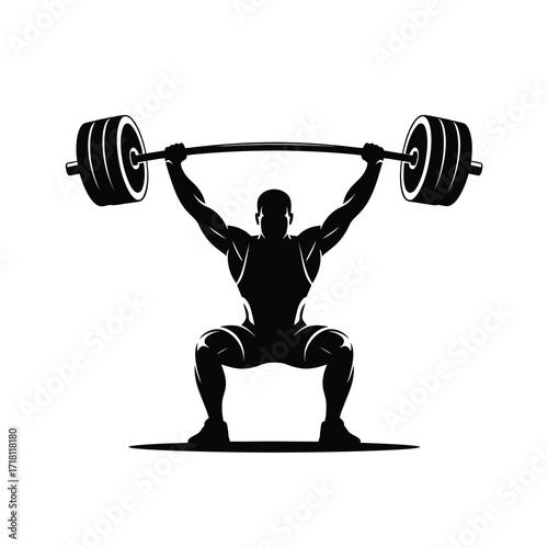 Strong silhouette athlete lifting heavy barbell in a powerful overhead squat pose