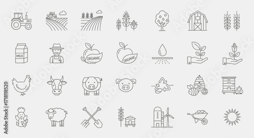 Explore a charming collection of agriculture icons, perfect for illustrating sustainable farming, local food movements, and organic produce in your next design