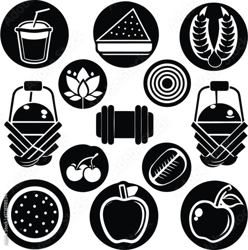 Diverse collection of black and white food fruit and beverage icons representing healthy lifestyle and freshness for graphic design projects
