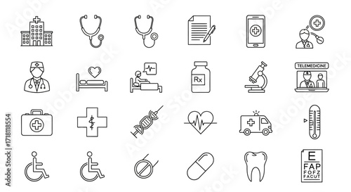 Modern health and medical icons for your telehealth, hospital, and clinic design projects, including doctor, telemedicine, ambulance, and patient care