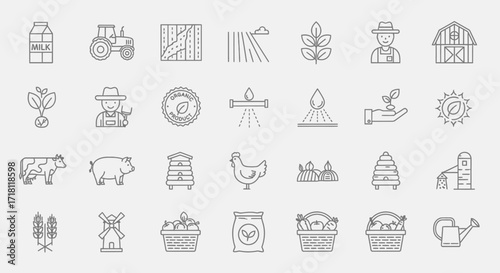 Explore sustainable farming icons showcasing agriculture, organic produce, and rural life, perfect for eco-conscious brands and healthy lifestyle projects