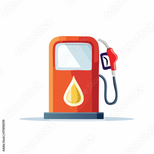 A modern, flat vector illustration of a red gas pump with a dispensing nozzle and a yellow fuel drop icon.