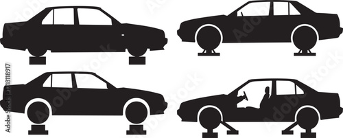 Four sedan car silhouettes lifted on car jacks for maintenance silhouette