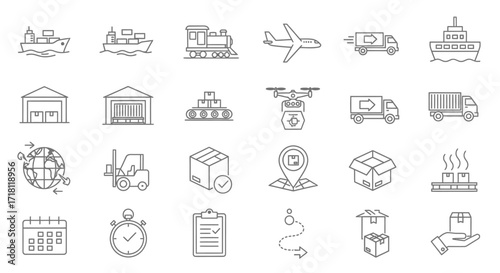 Streamlined logistics icons showcasing shipping solutions for businesses worldwide, offering a modern approach to package delivery and global supply chain management