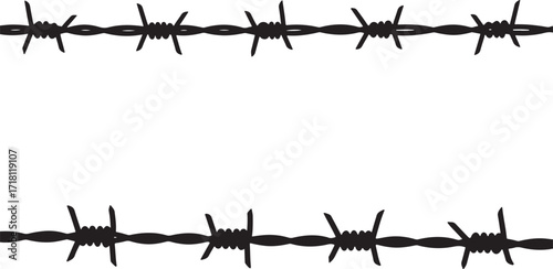 Two horizontal barbed wire fence segments in a stark black silhouette