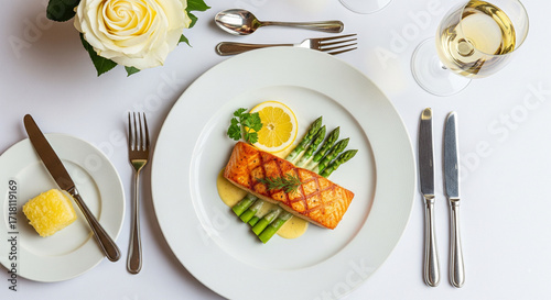 Tablou pe pânză Elegant Salmon Dinner with Asparagus and White Wine