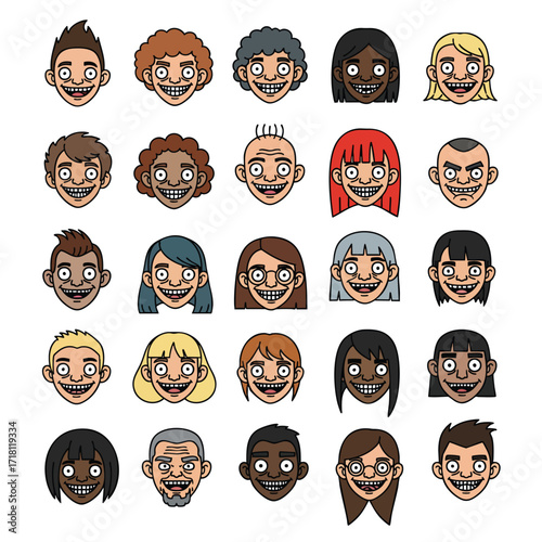 A diverse collection of cartoon character faces all with wide creepy and toothy grins.