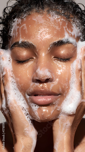 Serene woman with closed eyes embracing her daily skincare ritual, gently washing her face with a soft purifying foam for a fresh, clean feeling