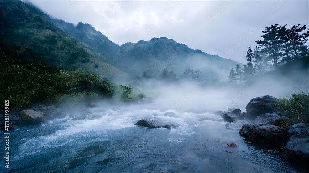 Obraz premium Misty river flowing through a verdant mountain valley in atmospheric haze
