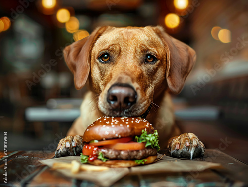 A cute dog eating a tasty hamburger, AI generated