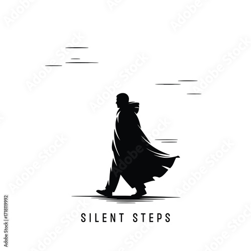 Lone figure in flowing robes walking in a stylized abstract landscape silhouette