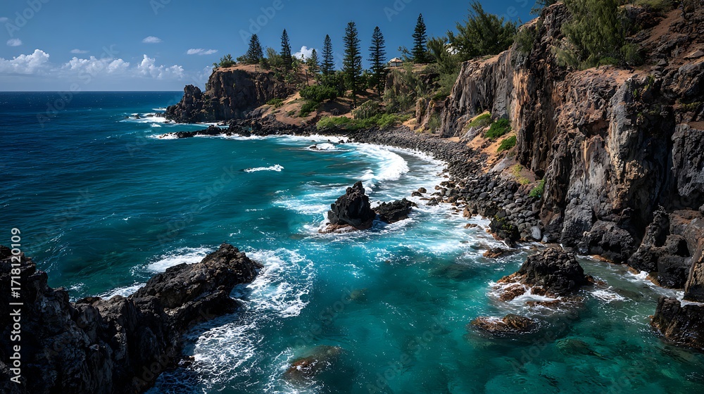 Obraz premium Stunning Turquoise Ocean Waves Crashing Against Volcanic Cliffs, Scenic Coastline