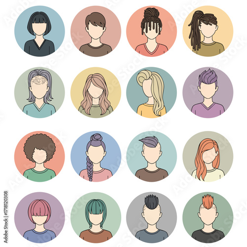 A diverse collection of colorful circular icons featuring faceless male and female cartoon avatars with various hairstyles.