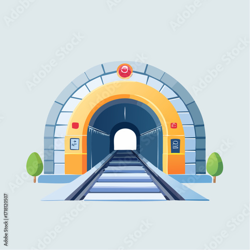 A stylized illustration of a train tunnel entrance with tracks leading into the darkness.