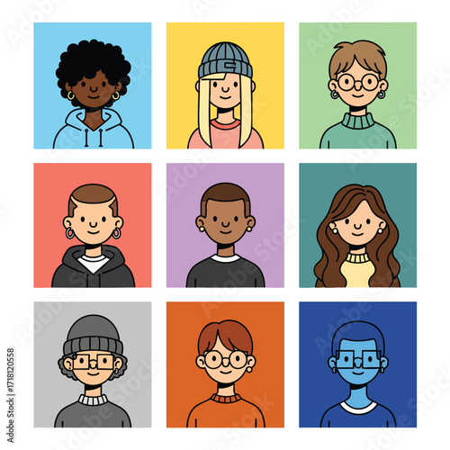 A diverse collection of handdrawn cartoon people avatars in a colorful grid layout.