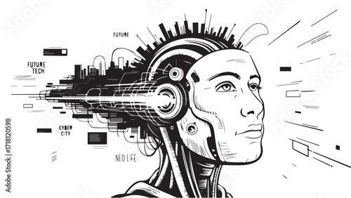 A futuristic cyborg woman with a cityscape emerging from her mind symbolizing technological advancement and human evolution