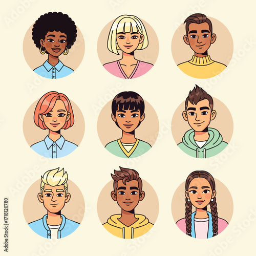 A diverse collection of handdrawn cartoon portraits of young men and women in circular avatar icons.