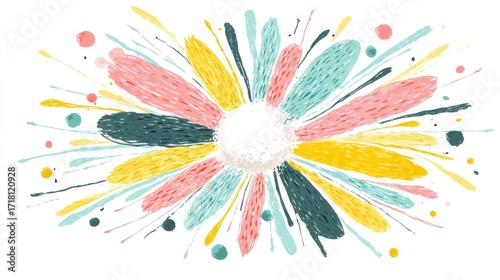 Abstract art with a stylized white circle surrounded by colorful brush marks in pink, yellow, teal, and blue,