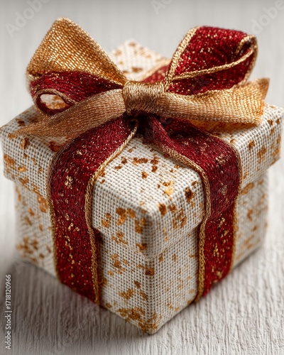 Luxury Gift Box with Red and Gold Ribbon on White Background – Elegant Gift Box with Red and Gold Ribbon on Textured Surface  elegant product visual for seasonal campaigns, packaging, or ecommerce use