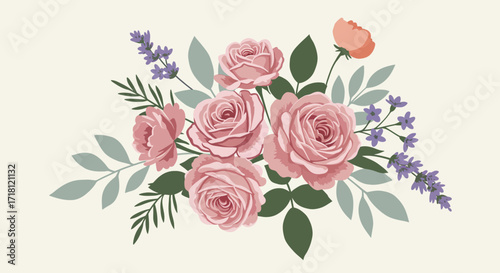 Beautiful vector illustration of a romantic floral bouquet featuring pink and red roses, green leaves, lavender flowers, and a small orange blossom.