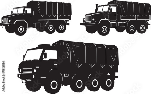 Three distinct military cargo trucks in a black silhouette style