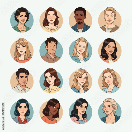 A diverse collection of illustrated character portraits presented as circular avatar icons.