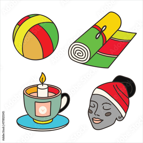 Winter Self Care and Wellness Vector Sticker Set with Holiday Facial Mask Yoga Mat and Cozy Candle

