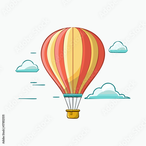 Illustration of a colorful hot air balloon floating in the sky with fluffy clouds around it.