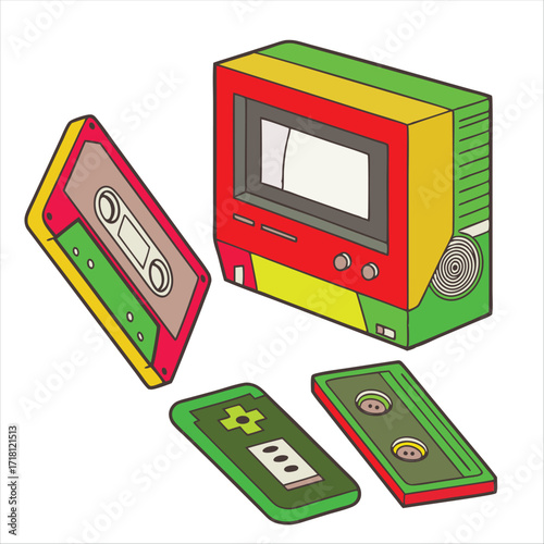 Vintage 90s Music and Video Technology Isometric Vector with Colorful Cassette Tapes and Portable TV

