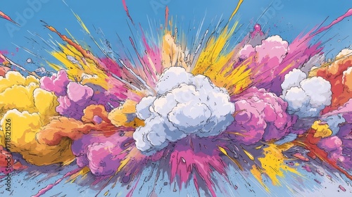 Artistic vibrant dynamic cloud formation explosion with burst of unpainted clouds transitioning from light grey to hard.