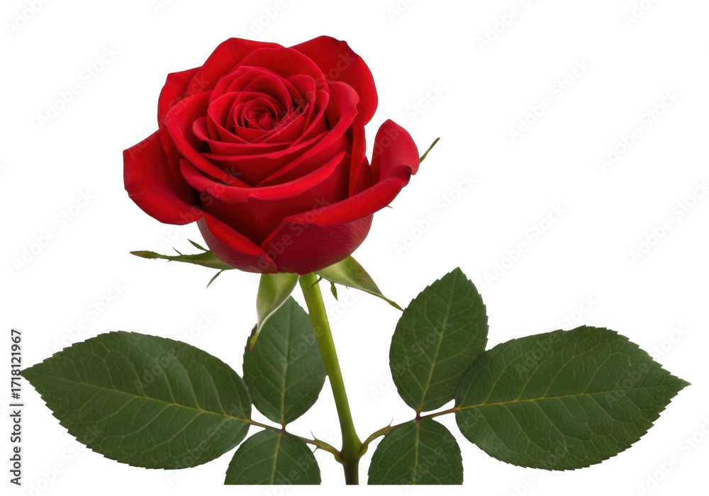 Fototapeta premium Single red rose bloom with green leaves and stem isolated on transparent background