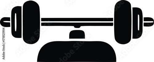 Simple black and white icon depicting a weightlifting barbell resting on a bench symbolizing strength training and fitness workouts for gym or health purposes