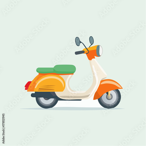 A colorful cartoon illustration of a vintage-style orange and white scooter with a green seat.