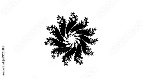 Mandelbrot-inspired swirl emblem silhouette on white background