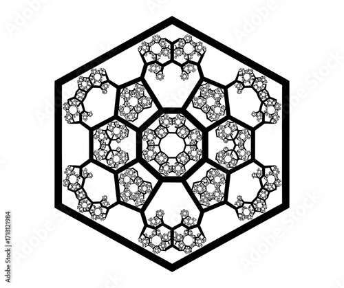Abstract recursive hexagonal fractal silhouette on white background.