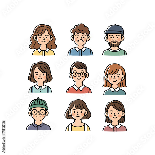 A diverse collection of nine handdrawn cartoon character portraits and user avatars.
