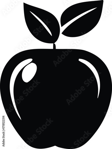Simple black silhouette of a shiny apple with two green leaves and stem icon food fruit healthy nutrition symbol graphic