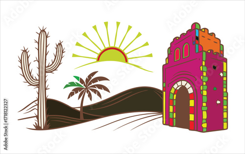 Mexican Desert Landscape Vector Illustration with Cactus Mission Church and Sun for Travel Design
