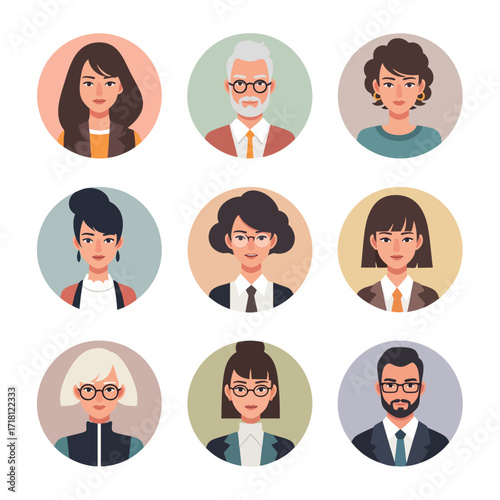 A diverse collection of professional business people portrait avatars in circular icons.