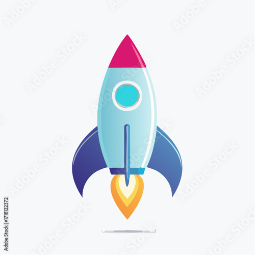 A cartoon illustration of a rocket ship with a blue body, red nose, and flames.