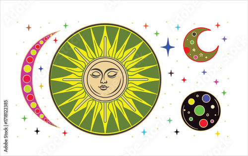 Mystical Celestial Vector Illustration with Esoteric Sun Moon and Stars for Astrology and Magic Design
