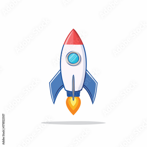 Cartoon rocket illustration, launching into space, with a simple design.