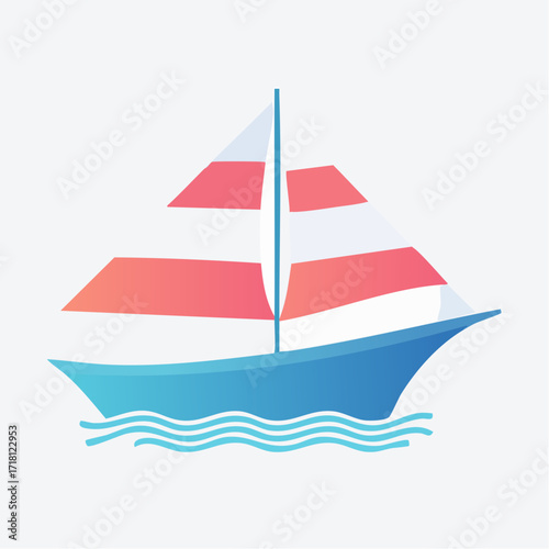 A stylized illustration of a blue sailboat with red and white striped sails on a wavy blue sea.