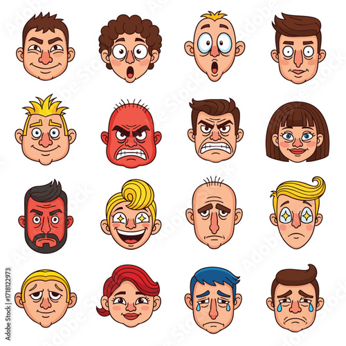 A diverse collection of sixteen cartoon character faces showing various human emotions.