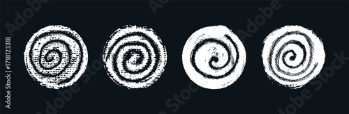 Playful hand-drawn round swirl icons in wax, chalk, pastel, and crayon. Vector squiggle doodle set showing liquid splash concept, spin movement, curvy motion, school children chalkboard art.