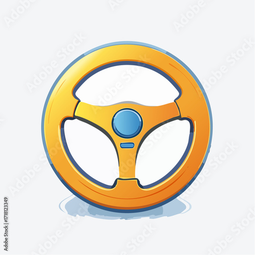 Cartoon steering wheel with a yellow rim and a blue center, isolated on white.