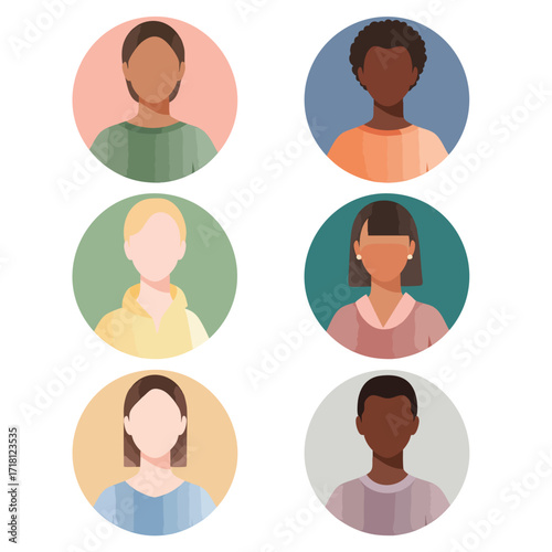 A diverse set of six faceless people avatars in circular icons representing a multicultural community with different skin tones and hairstyles.