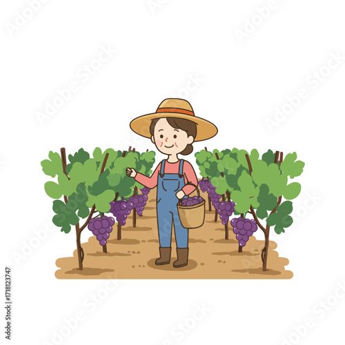 Farmer woman harvesting grapes in a vineyard wearing overalls and a straw hat.